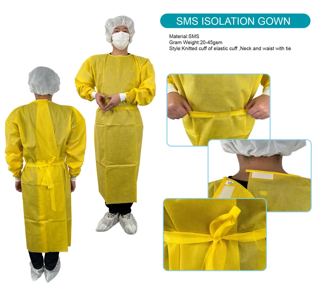 Yellow Color Waterproof PP+PE Disposable Gown with Elastic Cuffs