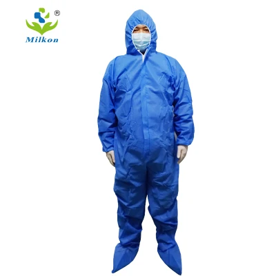 Costume d'isolement bleu Non tissé Robe d'isolement SMS Robe d'isolement à capuche jetable médicale Produire en gros Bleu Accepter OEM