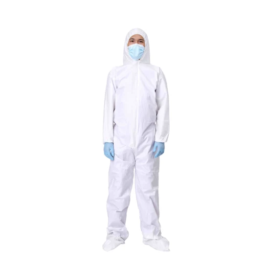 Blanc 55GSM Jetable Imperméable Microporeux Isolation Antistatique À Capuche Vêtements De Protection De Sécurité Industrielle Combinaison Non Tissée