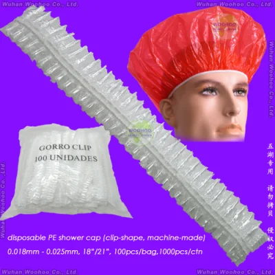 Poly transparent imperméable/HDPE/LDPE/plastique/clair/Mob/Mop bonnet de douche jetable en PE pour hôtel/voyage bain/baignade avec plissé/serti/bande/clip/bande formes